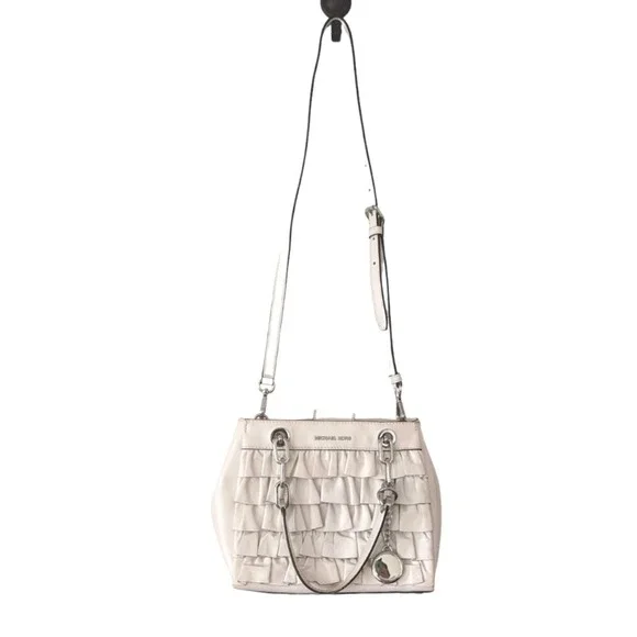 Michael Kors Cynthia Ruffled Leather Small Satchel White - Picture 3 of 16